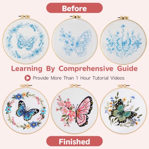 Meyocky Butterfly Flower Embroidery Kit for Beginners with Stitch Videos - color: Butterfly