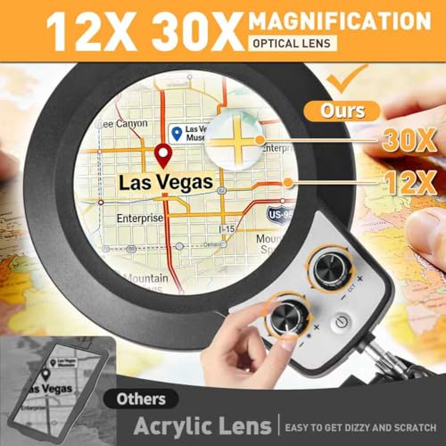 4In1 Floor Magnifying Lamp with Light, 12X 30X Glass Magnifier Black - color: Black, size: 12x 30x