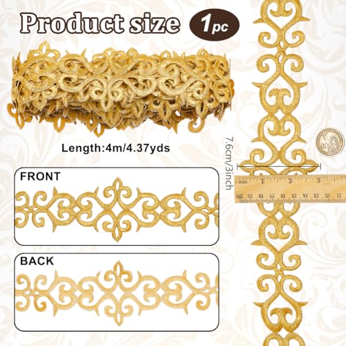 NBEADS About 5.2 Yards Gold Embroidery Polyester Ribbons, 3" Wide Adhesive Cloud Lace Trim Iron on Metallic Flower Lace for Sewing Costumes Gowns Home Decor Garment Accessories - color: Golden Ribbons