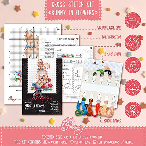 Povitrulya Cross Stitch Kit 'Bunny in Flowers' - DIY Spring Embroidery Design with Baby Rabbit Counted Pattern - color: Bunny in Flowers