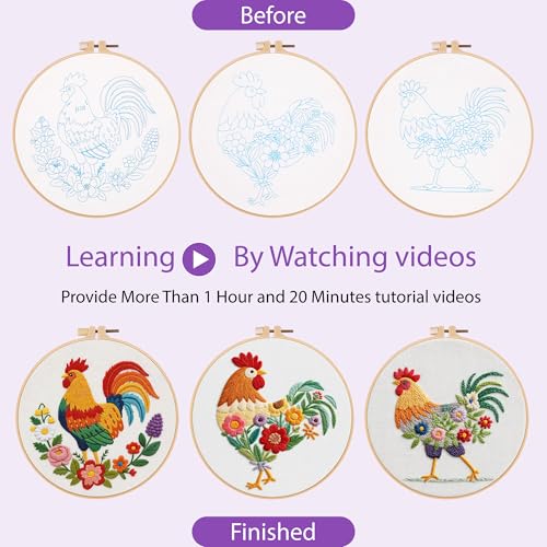 Uniartfy 3 Pack Funny Rooster and Flower Embroidery Kits for Beginners, Animal Cross Stitch Kit for Adults, DIY Needlepoint with Stamped Pattern, Embroidery Hoop, Tools, Colorful Threads, Instructions - color: Embroidery Kit-M