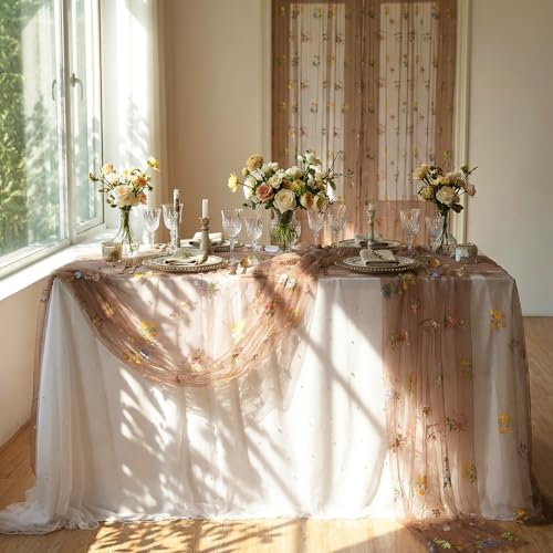 Floral Gauze Table Runner 10ft Embroidery Tulle Spring Wildflower Table - color: Brown, size: 27"x120",1pc