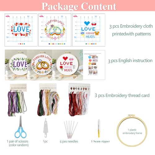 Zhenqing 3 Valentine's Day Cross Stitch Kit Set for Beginners, 11CT Printed 20x20cm with 16cm Hoop, Love Word & Ring & Rose Romantic Embroidery(70858) - color: Romance Theme Cross-Stitch 3-Piece Set