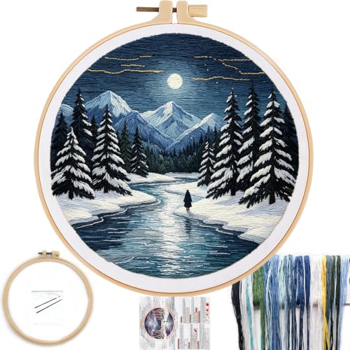 FONNUY Embroidery Kit for Beginners, Boho Nature Landscape Pre-Stamped Pattern Kits for Adults with Hoop, Easy to Follow Color Thread Needlework, 8'' Hoop (Winter Night) - color: Winter Night