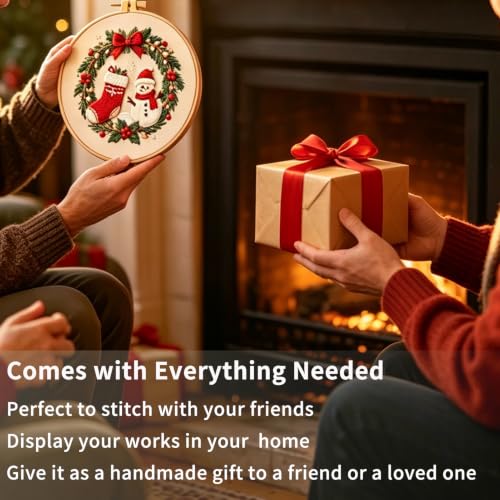 FONNUY Cute Christmas Embroidery Kit for Beginners, Festive Winter Pre-Printed Pattern & Supplies Set for Adults, DIY Handmade Needlepoint Kits Wall Art, 8'' Hoop (Holly Berries) - color: Holly Berries