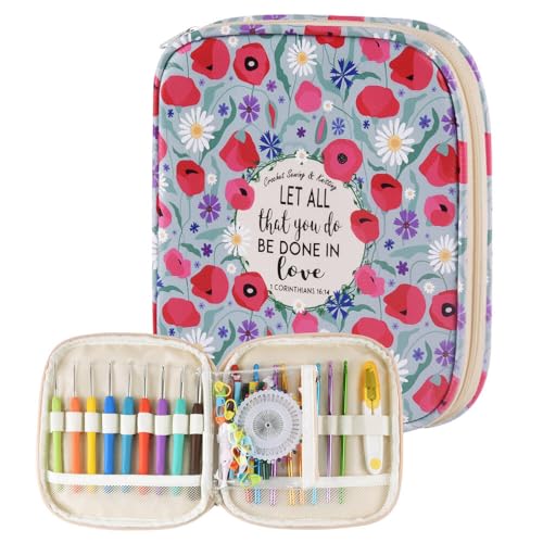 Crochet Hook Case,Portable Zipper Storage Organizer Bag for Crochet Hooks, Knitting Needles, Project & Sewing Supplies, Lightweight,Easy to Hold (No Accessories Included).Green Cartoon Flower - color: green cartoon flower