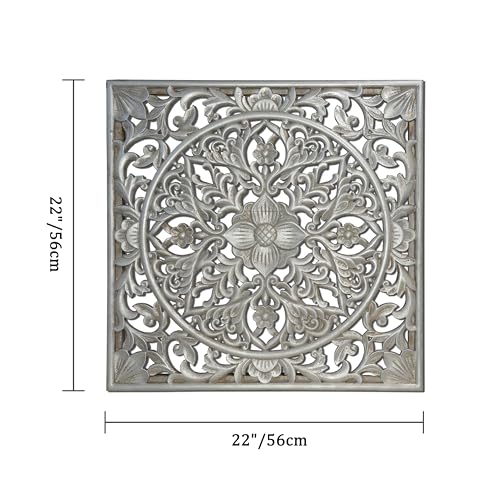 XIAOAIKA Boho Carved Wood Wall Art Panel, Floral Mandala, Distressed Silver - color: Distressed Silver