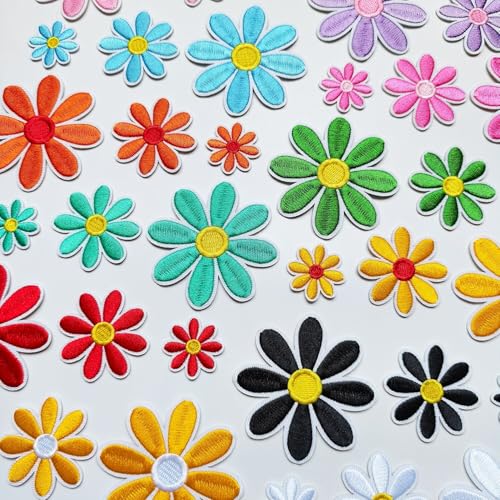 36pcs Daisy Flower Iron on Patches, 3 Sizes Colorful Floral Embroidered Patches Applique for Clothes Hats Jeans Jacket - color: Colorful Daisy