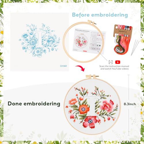 Zerzsy 7.87 '' Embroidery Kits Plant Flower Leaf English Letter Patterns for Beginners Adults, Easy to Learn Cross Stitch Kit for Home Office Decor - color: Letter T
