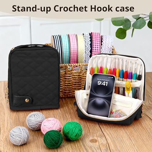 BAGCRAZY Stand-Up Crochet Hook Case Organizer, Travel Craft Holder with Phone Pocket, Quilted Bag with 9 Hooks, Needles & Scissors, Gift for Crochet Lovers – Black - color: Black