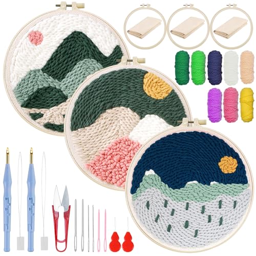 Woohome Punch Needle Kit Included Plastic Hoops, Punch Needle Cloth, Color Yarn and Punch Needle Tools for Adults, Beginners (Mountain Scenery) - color: Color 28