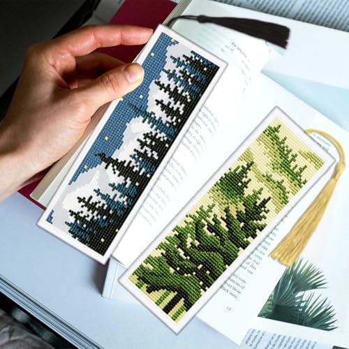 ACRNIGHEET 6PCS Cross Stitch Bookmark Kit for Beginner Pine Stamped Cross Stitch Kits Needlepoint Kit for Adults DIY Tassel Embroidery Bookmark Kits with Instructions Craft Gift 8.5"x3" 11CT - style: Pine Tree Patterns
