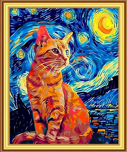 Foxnyart Stamped Cross Stitch Kits Full Range of Embroidery Needlework Starter Kits for Beginners Adults 11CT Embroidery Patterns Art Crafts DIY Needlepoint Kit-Van Gogh Starry Cat 16x20 inchs - color: DIYcolor15