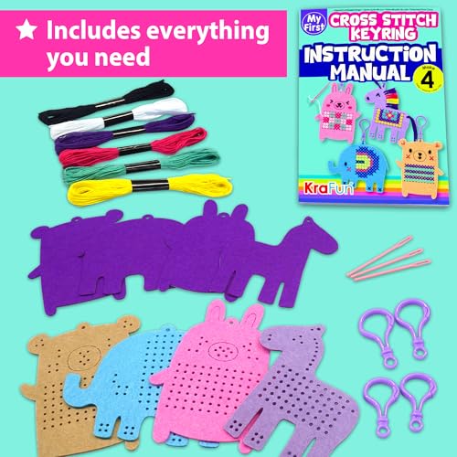 KRAFUN Animal Cross Stitch Keyring Kit for Kids Ages 7-13 - color: Animal