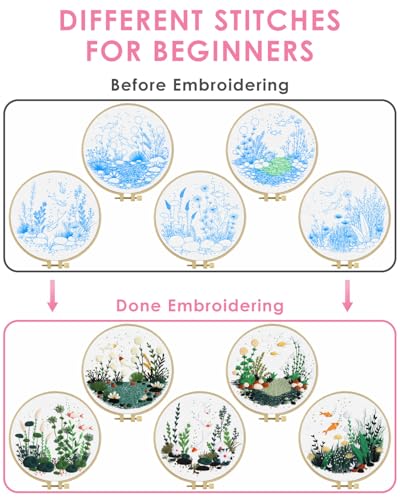 TINDTOP 5 Pack Embroidery Kit for Adult, Embroidery DIY Starter Kit - color: Fish World