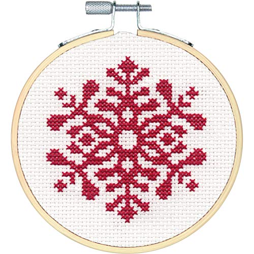 Dimensions Kit, Red Snowflake Christmas Cross Stitch, White 14 Count Aida, 4'' Embroidery Hoop - color: White 14 Count Aida,