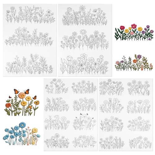 Water Soluble Embroidery Stabilizer 4 Sheets Water Soluble Stabilizer for Embroidery Patterns Stick and Stitch EmbroideryPaper Designs Transfer Paper with Pre-Printed Flower Leave for Hand Sewing