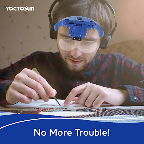 YOCTOSUN Magnifying Glasses with Light, Hands Free Headband Magnifier with 4 LED Lights and 5 Detachable Lenses 1X to 3.5X,Rechargeable Head Magnifier Glasses for Crafts, Hobby, Close Work - color: Deep Blue