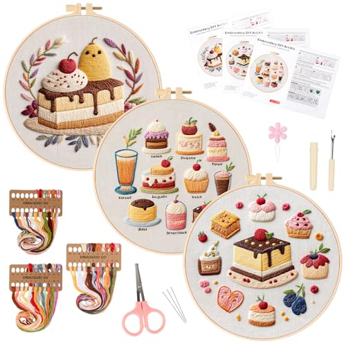 MAKHOT Cake Embroidery Kits for Beginners with Cross Stitch Kits, Embroidery Hoop, Tools,Colorful Threads,Step by Step Instructions,Adults Starter Cross Stitch Kit DIY Needlepoint(3PCS Cake) - color: 3PCS Cake