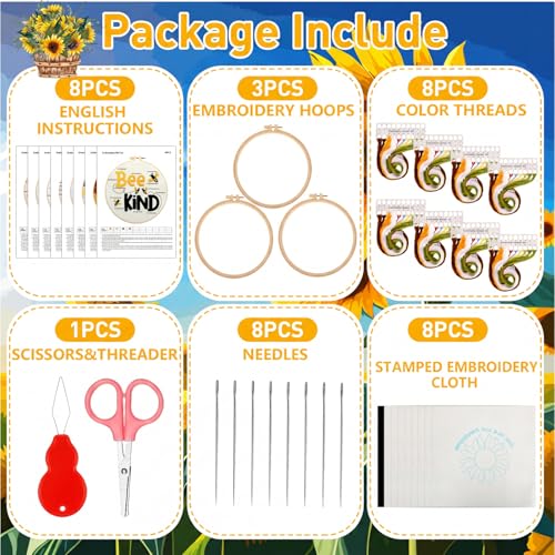 Riceshoot 8 Set Sunflower Embroidery Kits for Beginner Adults Bee Cross Stitch Kit DIY Needlepoint with Pattern Instruction, Hoop, Embroidery Fabric, Thread, Needle, Scissor, Gift for Home Decor - style: Sunflower