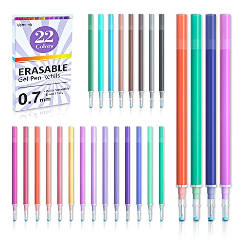 Vanstek 22 Assorted Colors Erasable Pen Refills, Gel Ink Refills Compatible with Erasable Pens, Fine Point 0.7 mm, Perfect for Writing Planner & Crossword Puzzles - color: 22 Colors Refills