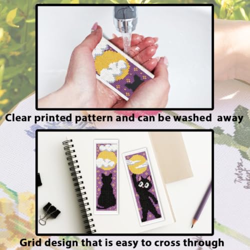 ACRNIGHEET 6PCS Cross Stitch Bookmark Kit for Beginner Stamped Cross Stitch Kits for Adults Cute Cat & Moon DIY Tassel Embroidery Bookmark Kits Needlepoint Kit with Instructions Gift 8.5''x3'' 11CT - style: Moon Cat with Tassel