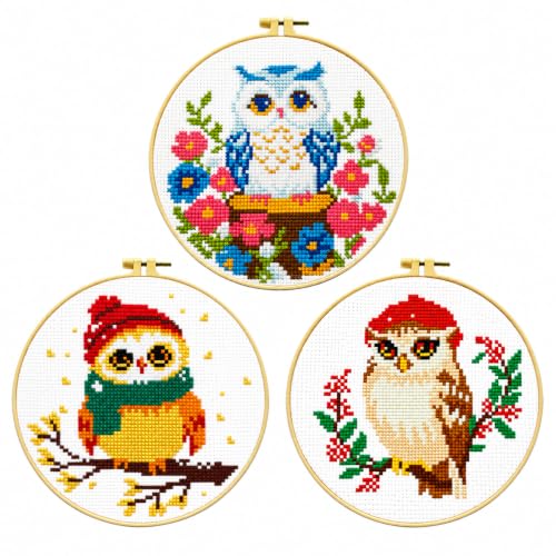 Zhenqing 3-Piece Owl Cross Stitch Kit Stamped Embroidery Kit 11CT Printed Aida Cloth 24x24cm DIY Needlework Set with Hoop, Thread, Needle & Tools Beginner Embroidery Kit for Home Wall Decor Gift