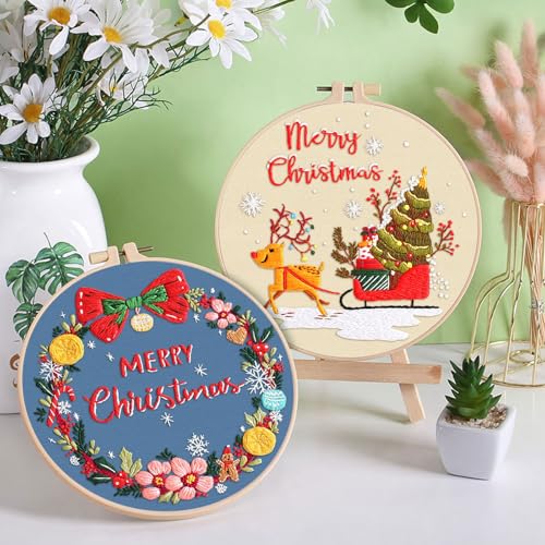 ERKOON 4 Sets Embroidery Kit for Beginners, Christmas Cross Stitch Set with Easy Pattern Embroidery Cloth Hoops Threads for Craft Lover Hand Stitch - color: Christmas