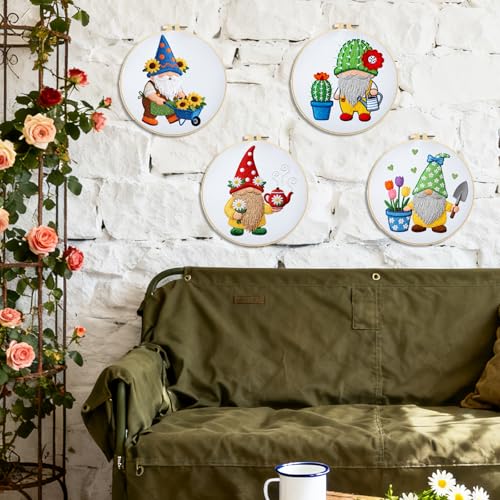 BEUNITONE 4 Set Gardener Gnome Embroidery Kit for Adult Beginners with Hoop - style: D-Dwarf