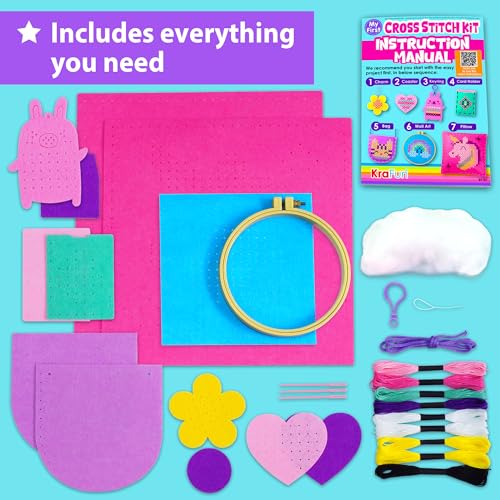 KRAFUN Cross Stitch Kit for Kids Age 5+ | 7 Beginner Projects - color: First Cross-Stitch