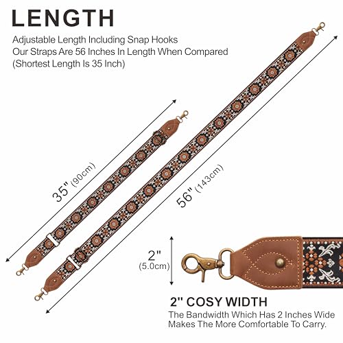 Nefelibata Banjo Strap,2"Wide Double Crazy Horse Leather Jacquard Embroidery Strap Adjustable Replacement,Multi-pattern Strap With Metal Clips - color: A#-embroidery Brown Flower