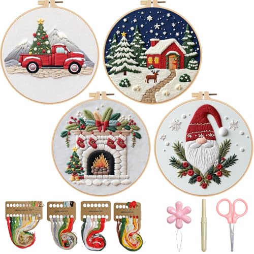 BBLYBD Christmas Embroidery Kit, 4 Set Embroidery DIY Starter Kit, Cross Stitch Kits with Pre-Printed Embroidery Fabric, Hoops, Step-by-Step Instructions, Color Threads & Needles (Christmas-4 Set) - color: Christmas-4 Set