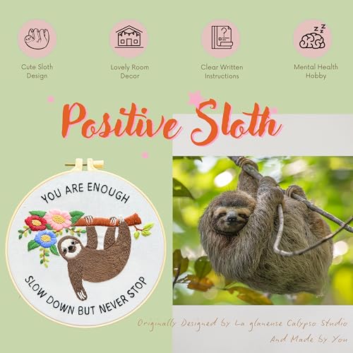 La glaneuse Embroidery Kit for Adult, Beginner Embroidery Kit with Cute and Funny Animal Pattern, Eight Simple Stitches to Get a Positive Sloth, Mental Health and Stress Relief Gift for Him/Her - color: Positive Sloth 01