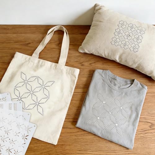 AHANDMAKER 32pcs Reusable Sashiko Stencils Japanese Embroidery Template Kit Geometric & Floral Patterns for Hand Quilting Patterns Christmas Visible Mending Fabric Painting, 5.12in x 5.12in