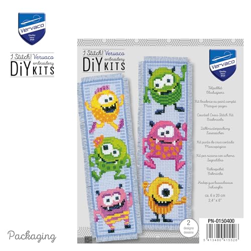 Vervaco Cross Stitch Bookmark Kit Little Monsters (Set of 2) 2.4" x 8" - size: 2.5" by 8"