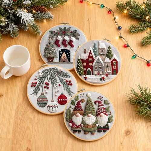 Santune Christmas Embroidery kit,Fall Needlepoint Cross Stitch Kits for Beginners Adult,Needle Point Sets,4 Embroidery,2 Hoops,Christmas Ornaments - color: Christmas x4