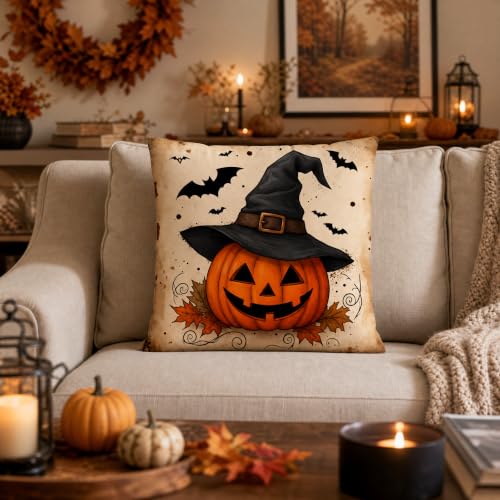 Halloween Witch Hat Pumpkin Bat Linen Pillow Cover 18x18 for Sofa - color: Pa10062, size: 18" x 18" (Pack of 1)