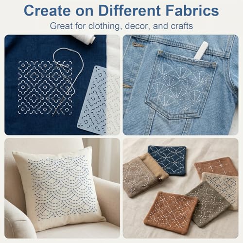 24 Pcs Sashiko Stencils, Plastic Sashiko Template Patterns with Thimble, 9 Needles, Thread, Needle Tube & Finger Cots, Geometric Embroidery Drawing Stencils for Hand Sewing, Washable