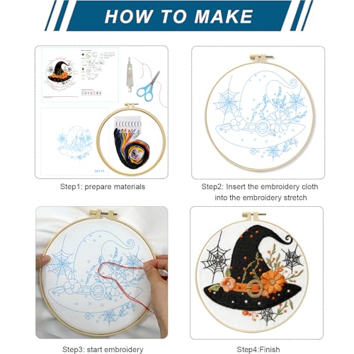 Zhenqing Halloween Witch Hat Embroidery Kit for Beginners, Black Witch Hat Needlework Kit with Pre-Printed Cotton Fabric, Hoop, Threads & Tools, Spooky Fall Decor (C0119) - style: Halloween Witch Hat