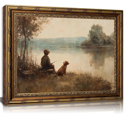 Glod Framed Vintage Fishing Boy Canvas Wall Art Farmhouse Country Boy and Dog Fishing Landscape Paintings Pictures Wall Decor Posters Prints Artwork for Bedroom Office Gallery Home Decoration - color: Fishing boy, size: 16"L x 12"W