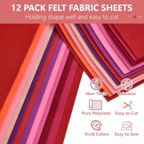12 Rolls 8"x35" Large Stiff Felt Sheets, 1mm Felt Fabric Sheet for Crafts - color: Red Series