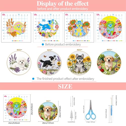 FEIYUENO 4 Pack Pet Pattern Stamped Embroidery Kit for Adults Beginner, Dog - color: Dog
