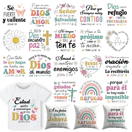 Dazoratix Spanish Christian Iron on Transfers - 20 Sheets Bible Verse DTF Ready to Press Heat Patches Vinyl Designs Religious Faith Stickers Decals for T Shirts Clothes Clothing Bag Applique DIY Craft - style: Spanish Christian