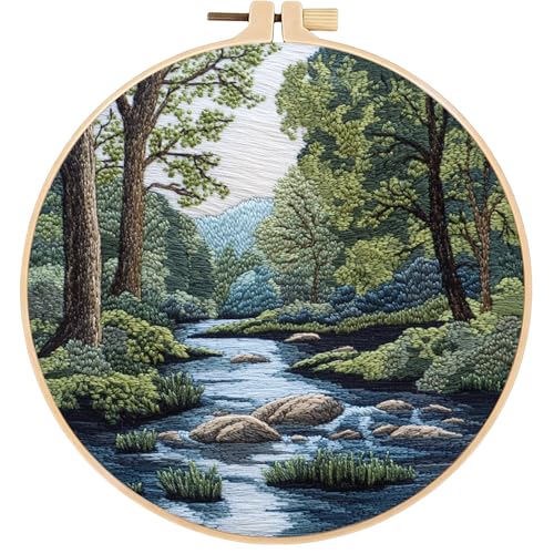 FONNUY Embroidery Kit for Beginners, Boho Nature Landscape Pre-Stamped Pattern Kits for Adults with Hoop, Easy to Follow Color Thread Needlework, 8'' Hoop (Verdant Riverside) - color: Verdant Riverside