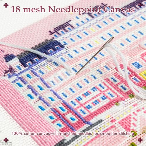 Kaitiaki 18 mesh Needlepoint Canvas Kit, 8 in Painted Canvas Set with Embroidery Floss, Needles, Guide Card, Instruction, Threader, Scissors & Project Bag for Crafter Gift(Budapest) - color: Budapest, size: 18 mesh