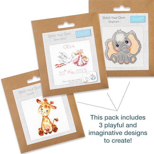Trimits 3PK Cross Stitch Bundle – Counted Embroidery Kit, Beginner & All Level Starter Set, Complete with Instructions & Thread Children Wall Home DIY Décor –13x13cm– New Baby Boy & Girl Birth Sampler - style: New Baby Boy & Girl Birth Sampler