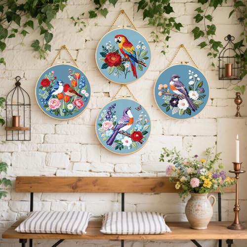 FREEBLOSS 4 Sets Embroidery Kit for Beginners Needlepoint Birds&Wreath Stamped Embroidery Starter Kit with Instructions, Needles, Threads, 2 Hoops 11.6"/29.5CM - style: Bird Wreath
