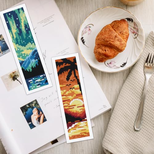 INFUNLY 6PCS Scenery Cross Stitch Bookmark Kit for Beginners 8.66"×3.15" Beach Stamped Embroidery Bookmark Kit Mountain Needlepoint Bookmark Kit with Instruction for Book Lovers Reader Writers - style: Fantasy Scenery