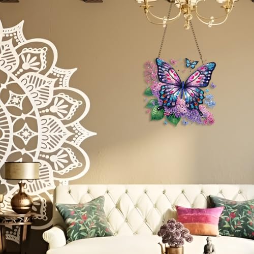 STGLCR Butterfly Diamond Art Hanging Kit for Adult,Special Shaped DIY Acrylic 5D Flowers Diamond Art Painting Window Pendants Home Garden Wall Hanging Kits Hanging Ornament 7.8inch Purple Foral - color: 92-Butterfly Flower purple