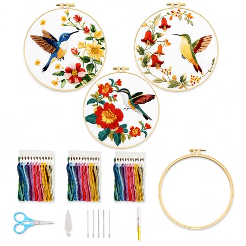 HRTHRT 3 Pack Embroidery Kit for Beginners, Hummingbird Floral DIY Set